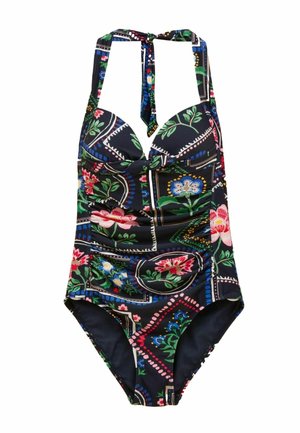 Einteiliger Neckholder-Badeanzug mit schwarzer Basis und buntem floralen und geometrischen Patchwork-Muster.
