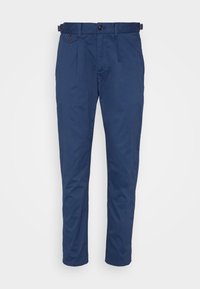 Marineblauwe katoen broek met rechte pijpen, voorzien van twee voorknieten, een knoopsluiting en een ontwerp met riemlussen.