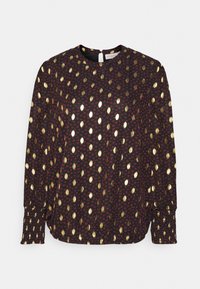 Blusa nera con un motivo di forme ovali dorate e rosse, maniche lunghe con polsini arricciati e chiusura a occhio di bue sul retro.
