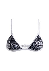 Top bikini a motivi bianco e nero con forma triangolare, spalline bianche regolabili e chiusura a clip sul retro.