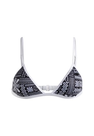 Black and white patterned bikini top with a triangular shape, adjustable white straps, and a clasp closure at the back.