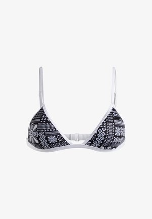 Schwarzer und weißer, gemusterter Bikini-Oberteil mit dreieckiger Form, verstellbaren weißen Trägern und einem Clipverschluss auf der Rückseite.