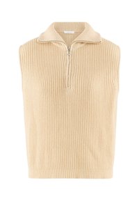 Beige ärmlös stickad pullover med ett dragkedja mock-krage, ribbat mönster och en något avslappnad passform. Ackompanjerad av en cirkulär dragkedjeöppnare.