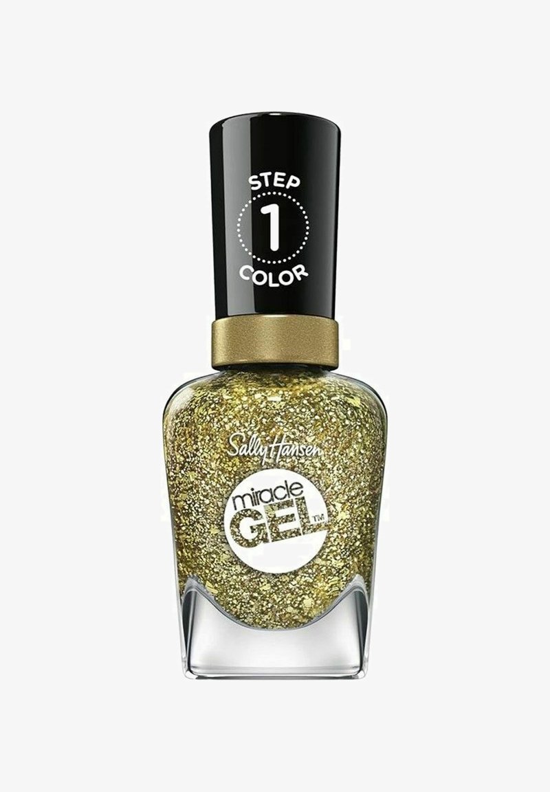 Kultainen kimaltava kynsilakka läpinäkyvässä lasipullossa. Musta korkki, jossa lukee "STEP 1 COLOR." Sileä rakenne, jossa on näkyviä kimalluspartikkeleita.