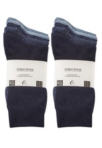Set di calzini di cotone in tonalità blu scuro e blu chiaro. Include cinque paia. Presentano una superficie liscia e delle estremità a coste per maggiore flessibilità.