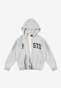 Szary hoodie na zamek z dużym ciemnoniebieskim logo "FSTO" z przodu, z kapturem i dwiema bocznymi kieszeniami, leżący na białym tle.