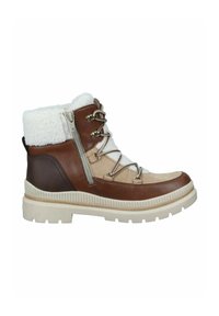 Botas de tobillo marrones y beige con un collar de piel sintética texturizada, cordones frontales, cremallera lateral y suela resistente de color crema.