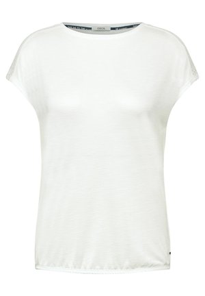 Lyhythihainen valkoinen t-paita, joka on valmistettu kevyestä kankaasta. T-paidassa on pyöreä pääntie ja tekstuuria olkapäillä. Yksinkertainen muotoilu.