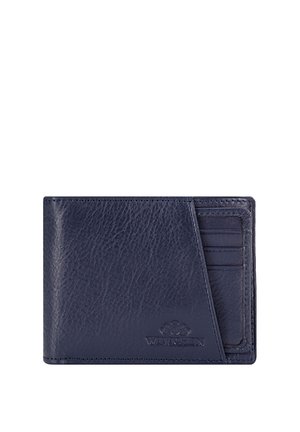 Cartera bifold de cuero azul marino con ranuras diagonales para tarjetas a la derecha y logo Wittchen en relieve en la parte frontal inferior derecha.