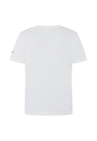 T-shirt bianco a maniche corte in cotone. Presenta un colletto rotondo e un piccolo logo nero sulla manica sinistra. Design semplice e classico.