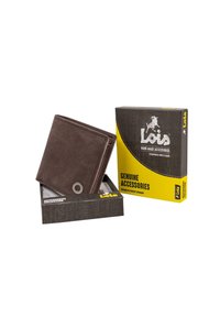 Cartera de cuero marrón con costuras visibles y un adorno circular, presentada en una caja negra y amarilla con la marca "Accesorios Auténticos".