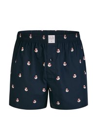 Námořnické boxery s opakujícím se vzorem sněhuláků, vyrobené z měkké látky. Obsahují elastický pas a knoflíkové zapínání.