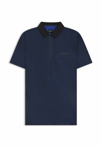 Marineblaues Poloshirt mit schwarzem Kragen, kurzen Ärmeln und einem dezenten strukturierten Muster. Mit einem tonalen Logo auf der Brust und einem geraden Saum.