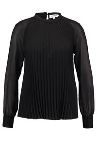 Blusa nera plissettata con maniche lunghe trasparenti, collo alto e chiusura a occhio di bue sul retro. Realizzata in tessuto leggero, con texture morbida.