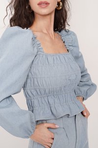 Jasnoniebieska bluzka z denimu, zebrana, z kwadratowym dekoltem i bufiastymi rękawami, z falbanami i dopasowaną talią.