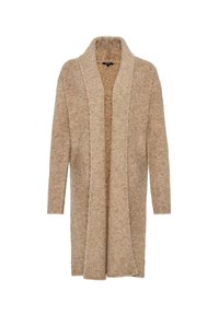 Long cardigan beige tricoté avec col châle et manches longues, en tissu doux et texturé.
