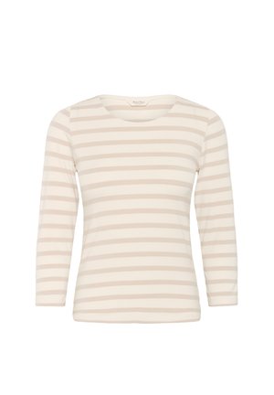 Light beige long-sleeve top with cream horizontal stripes, round neckline, and smooth fabric texture. Clean, minimal design.