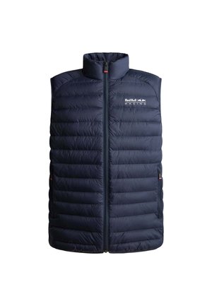 Navy puffer vest with high collar, front zipper, and horizontal quilted texture. Features Red Bull Racing logo on the left chest.