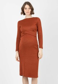 Robe longue à manches longues de couleur rouille avec une silhouette ajustée, présentant un détail torsadé à la taille et un ourlet au genou. Texture lisse.
