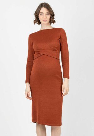 Rust-colored, long-sleeve dress with a fitted silhouette, featuring a twist detail at the waist and a knee-length hem. Smooth texture.