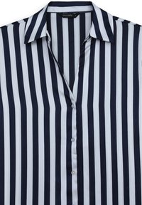 Camicetta a righe verticali blu navy e bianche con colletto e bottoni frontali, etichettata come taglia piccola.