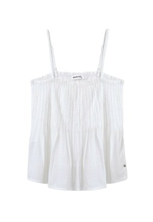 Top blanco sin mangas con tirantes finos, que presenta un diseño fruncido y una pequeña etiqueta de marca en la parte inferior derecha.