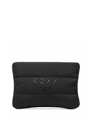 Zwarte rechthoekige gevoerde pouch met het woord ROXY en een hartvormig logo dat in het midden aan de voorkant is geperst.