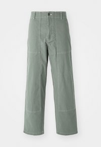Green cargo pants with a relaxed fit, featuring patch pockets, contrasting seams, a front button closure, and a straight leg design.