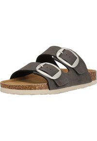 Grå mocka sandals med två justerbara silverfärgad spännen, en korkfotsäng och en lätt gummisula. Öppen tå-design.