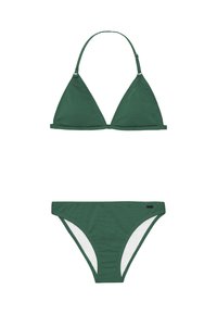 Completo bikini verde con top triangolare testurizzato e spalline regolabili, abbinato a un bottom a vita bassa con fodera bianca.