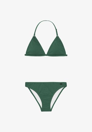 Completo bikini verde con top triangolare testurizzato e spalline regolabili, abbinato a un bottom a vita bassa con fodera bianca.