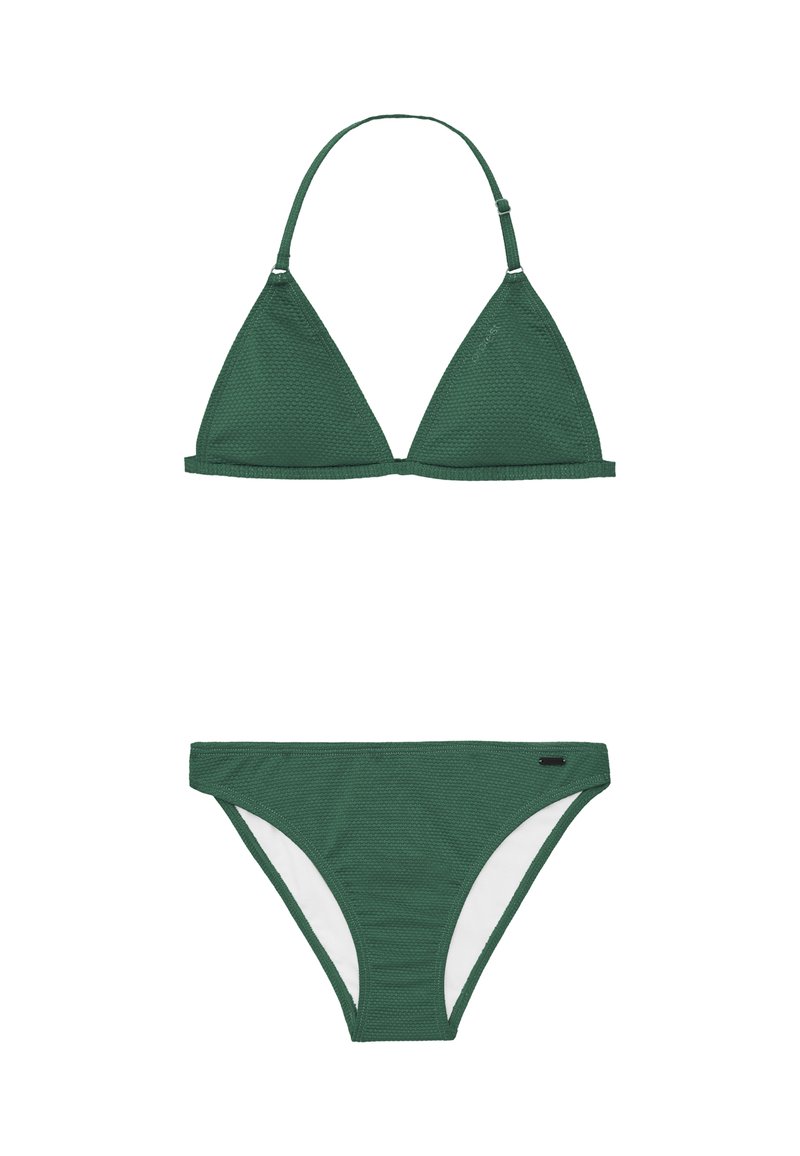 Completo bikini verde con top triangolare testurizzato e spalline regolabili, abbinato a un bottom a vita bassa con fodera bianca.