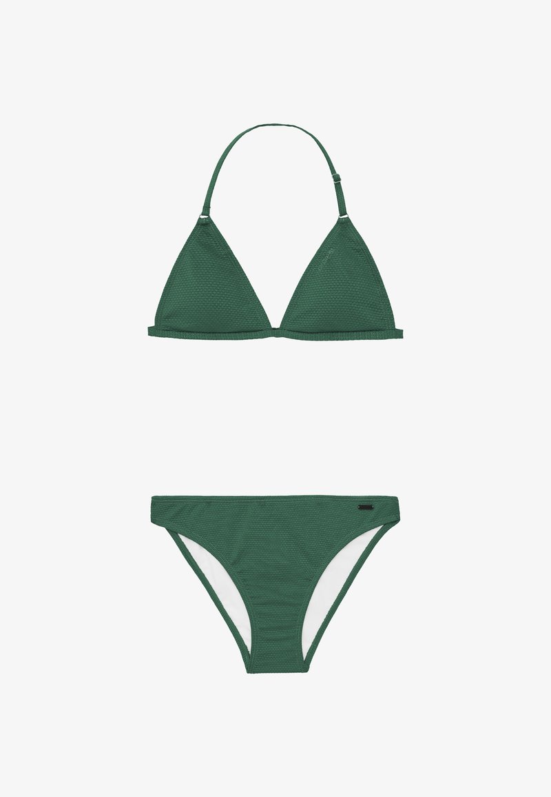 Zelená bikiny súprava obsahujúca textúrovaný trojuholníkový top s nastaviteľnými ramienkami a zodpovedajúce nízko vystrihnuté nohavičky s bielym podšívaním.