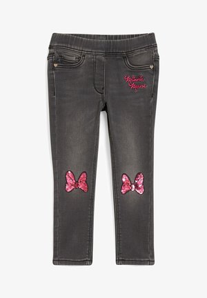 Mørkegrå børnejegingsbukser med lyserøde palietbuer på knæene og "Minnie Mouse" broderet i pink på forlommen.