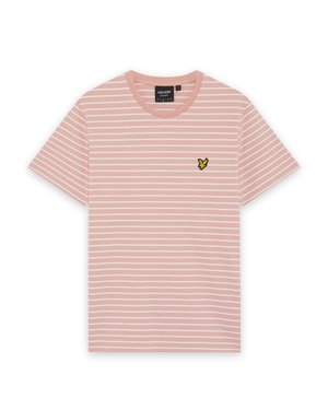 T-shirt à manches courtes rayé rose et blanc avec col rond et petit logo d'oiseau jaune et noir sur le côté gauche de la poitrine.