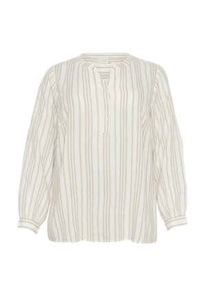 White long-sleeve blouse with vertical beige stripes, rounded neckline, half-button placket, and gathered cuffs. Lightweight fabric.