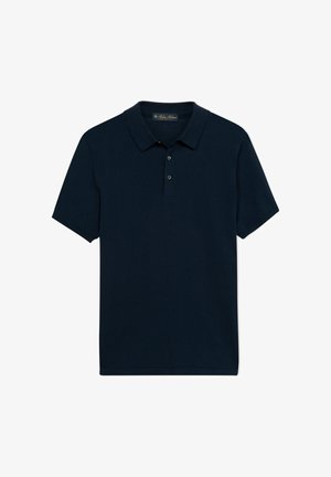 Námořnicky modré polo tričko s krátkými rukávy, límečkem a dvěma knoflíky na légě.