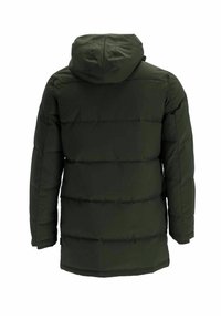 Giacca a piumino verde con cappuccio, caratterizzata da sezioni trapuntate orizzontali, texture liscia e vestibilità comoda. Vista posteriore, senza loghi o dettagli visibili.