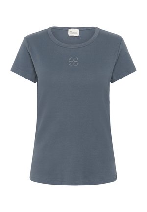 Camiseta de rayas azul jaspeada con mangas cortas, un escote redondeado y un pequeño logo bordado en el pecho. Material de algodón suave.