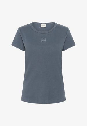 T-shirt a righe blu melange con maniche corte, scollo tondo e un piccolo logo ricamato sul petto. Materiale in cotone morbido.