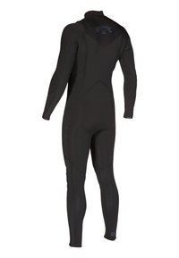 Black wetsuit with long sleeves, smooth texture, and reinforced seams. Features a logo on the back and thin blue accents on the side.