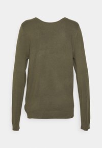 Oliivinvihreä neulepaita, jossa on pyöreä pääntie, pitkät hihat ja istuva helma. Sileä pinta ja yksinkertainen muotoilu ilman näkyviä kuvioita tai koristeita.