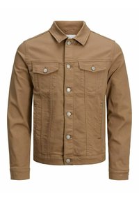 Ruskea denim-takki, jossa on rakennettu muotoilu, sisältäen hopeiset yksityiskohdat, kaksi rintataskua, sivutaskut ja napitus.