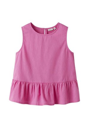 Blouse sans manches rose clair avec encolure ronde et ourlet à volants, avec une petite fermeture bouton au dos.