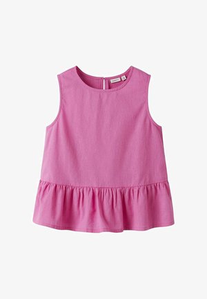 Blouse sans manches rose clair avec encolure ronde et ourlet à volants, avec une petite fermeture bouton au dos.