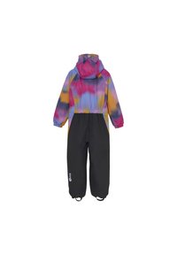 Färgglad, vattentät overall för snö som har en gradient av rosa, blått och gult upptill, med svarta ben och elastiska muddar. Inkluderar huva.