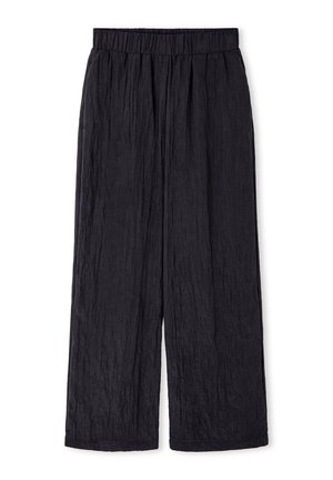 Zwarte broek met wijde pijpen, elastische tailleband en een lichtgewicht gerimpelde textuur, enkellang en losvallend.
