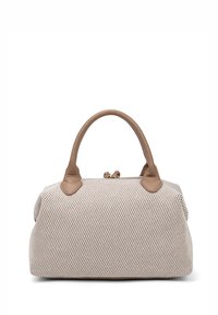 Borsa a mano in tessuto a righe beige con dettagli in pelle marrone, manici arrotondati e chiusura con zip. Presenta un motivo testurizzato diagonale e accessori in oro.