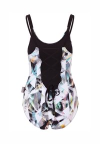 Eén-delig badpak met een zwart lijfje, kleurrijke geometrische patronen in blauw, wit en groen, met een vetersluiting aan de voorkant.