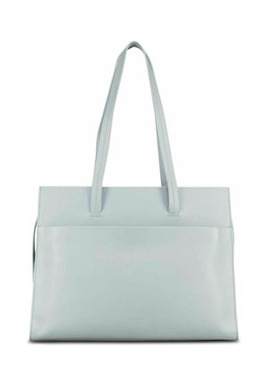 Borsa tote rettangolare in pelle azzurro chiaro con due manici lunghi e una tasca frontale, mostrata su sfondo bianco.